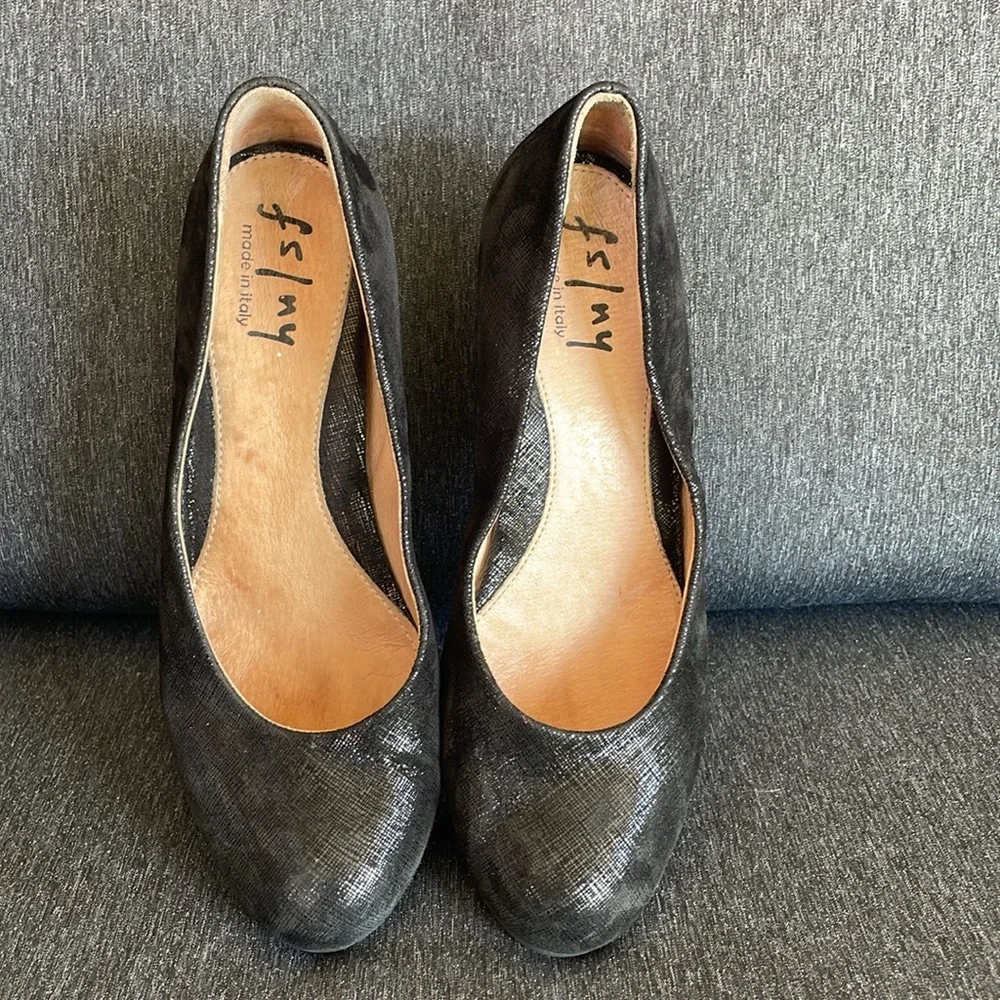 French Sole Black Shimmer Wedge Pumps